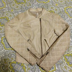 Free People, Vintage Looking Cream Colored Vegan Moto Jacket & Quilted Sleeves